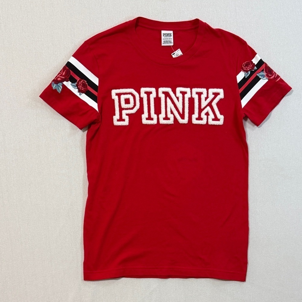PINK Victoria's Secret Red Tee with Embroidered Roses